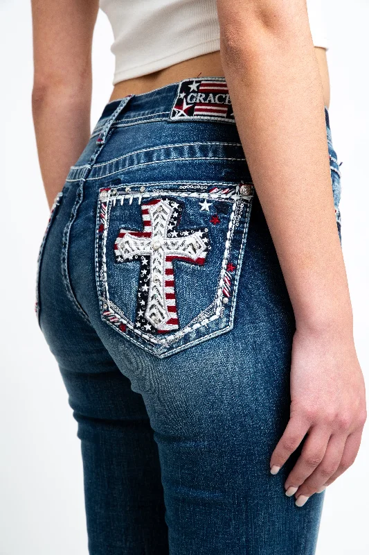 women's denim jeans for springAmerican Flag Cross Embellished Mid Rise Capris