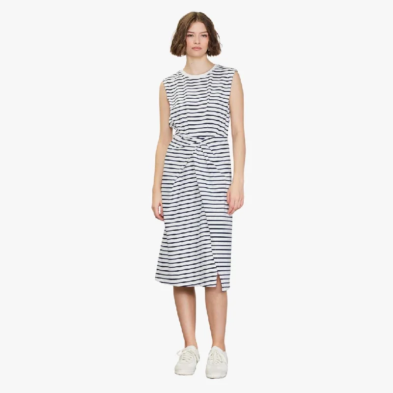 women's stretch dressesStriped Twisted Knot Midi Dress (White + Navy)