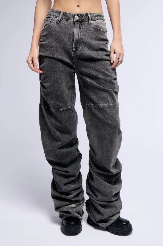 women's distressed denim jeans with holesNEVER CHANGE RUCHED RELAXED FIT JEANS IN GRAY