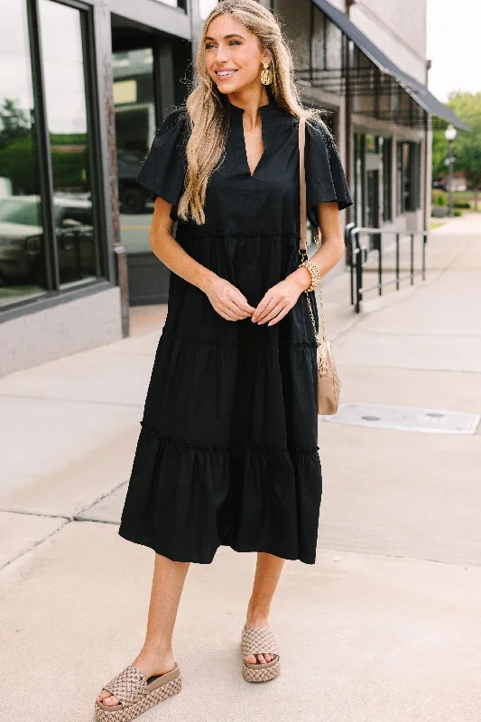 women's one-shoulder dressesSugarlips: Make A Statement Black Tiered Midi Dress