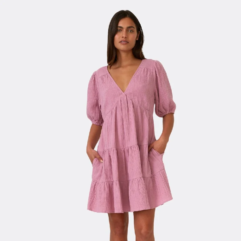 women's A-line dressesCotton Puff Sleeve V Neck Tiered Mini Dress (Orchid)