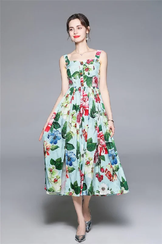 women's versatile dressesGreen Day A-line Off The Shoulder Strap Midi Summer Floral Dress