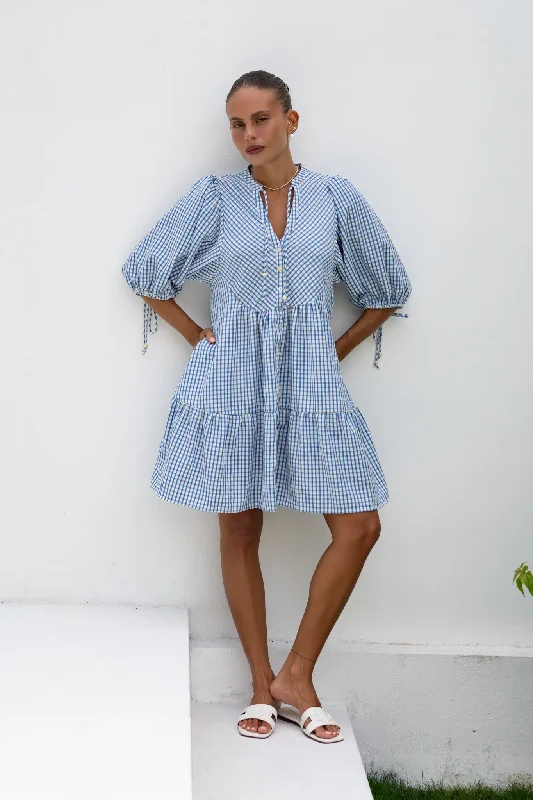 women's petite dressesEmilia Blue Gingham Button Down Mini Dress