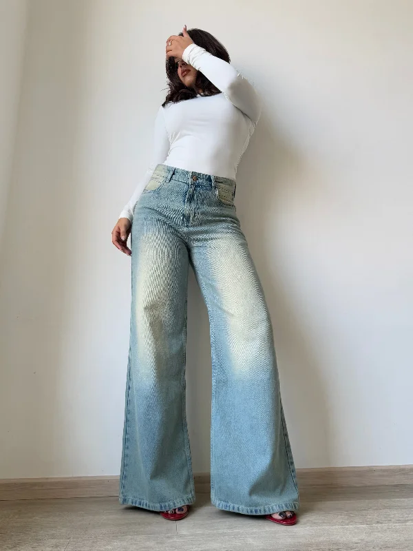 women's distressed denim jeansBlue Vintage Yellow Tinted Wide Leg Jeans