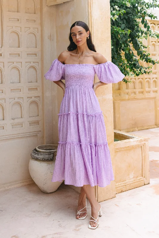 women's flowy dressesThalia Lilac Puff Sleeve Midi Dress