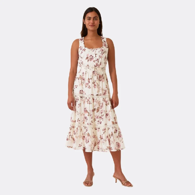 women's ethical fashion dressesFloral Lace Sleeveless Tiered Midi Dress (Natural + Dusty Wine)