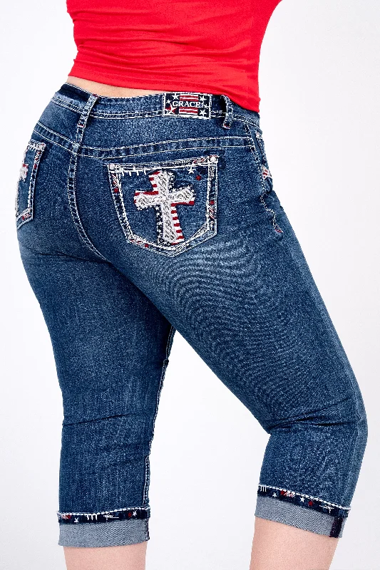 women's denim jeans with sequinsAmericana Cross Embellished Women's Plus Size Capri Jeans