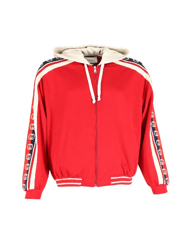 women's coats for black-tie affairsGucci Web-Trimmed Zip-Up Hoodie in Red Cotton