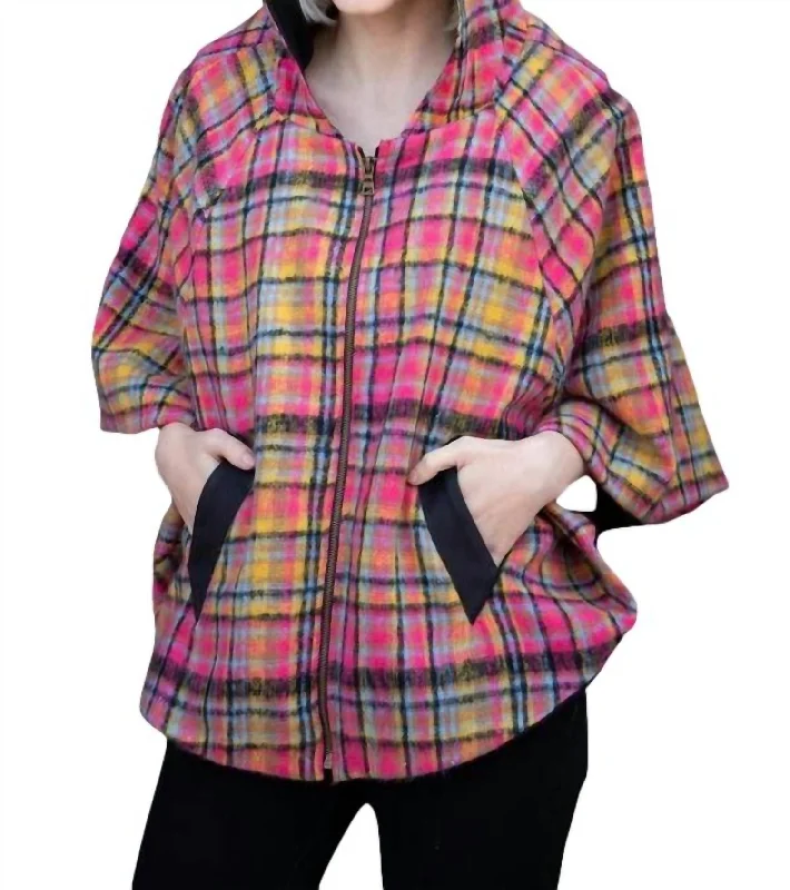 women's coats for travelMari Cape In Pink Plaid