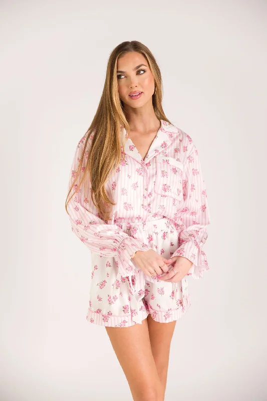 Lottie Satin Pajama Set in White/Pink Floral and Stripes