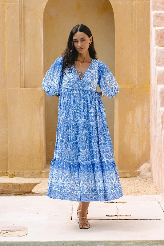 women's satin dressesSaphira Blue Boho Midi Dress