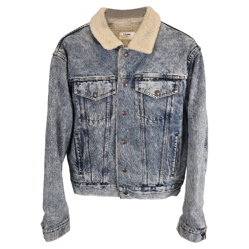 women's coats with embroidered patternsCeline Oversized Shearling-Lined Bleached Denim Jacket in Light Blue Cotton