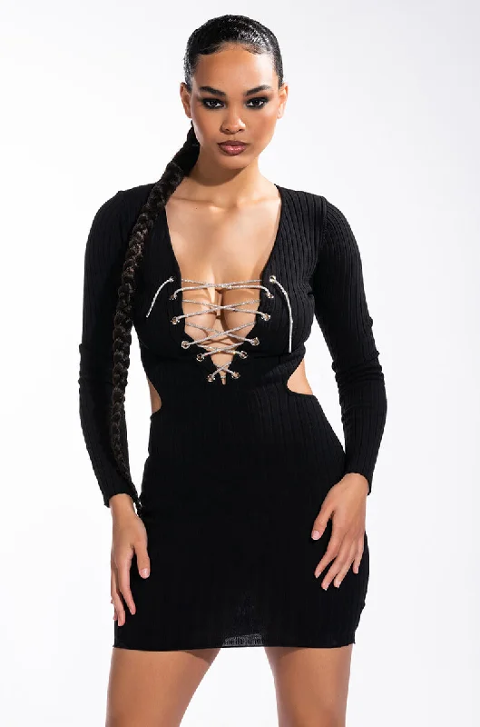 women's apple-shaped body dressesDOING MY THANG RHINESTONE LACE UP FRONT MINI DRESS