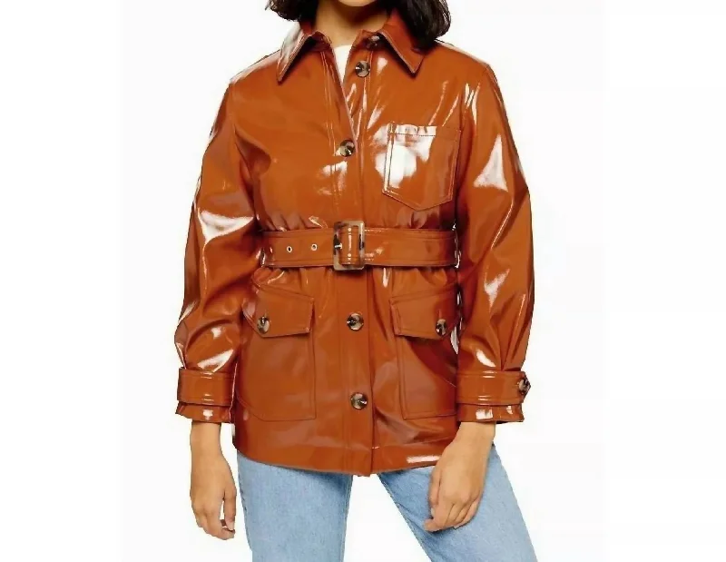 women's coats with sequin embellishmentsHigh Gloss Patent Belted Coat In Brown