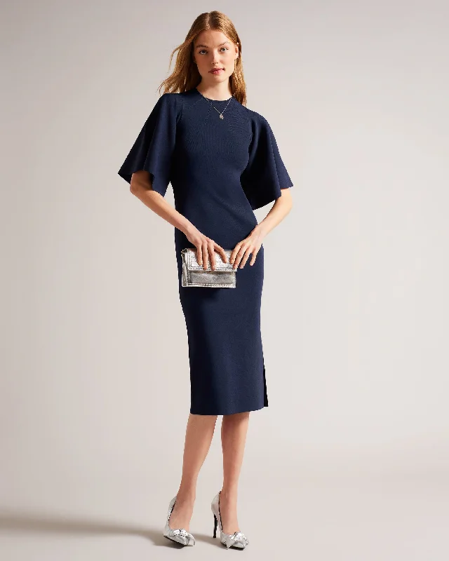 women's cotton dressesLounia Fluted Sleeve Knitted Bodycon Midi Dress Dk-Blue