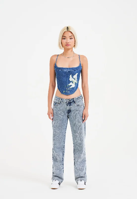 women's short denim jeansWomens Crystal Skull Straight Leg Denim Trousers Jeans - Blue