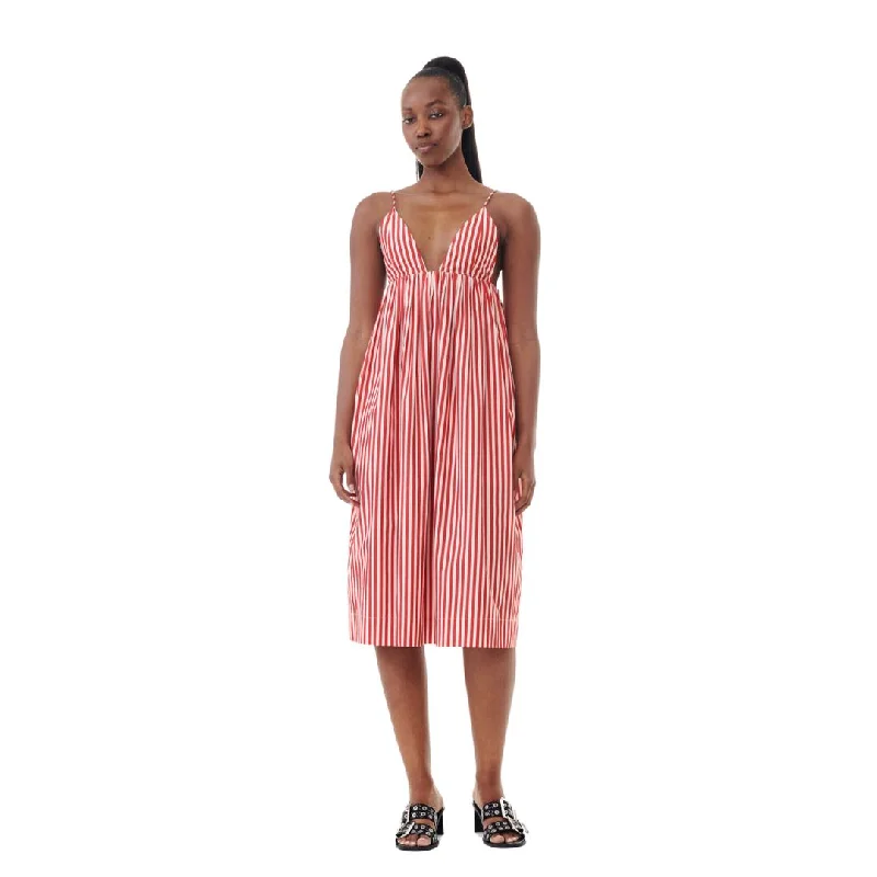 women's one-shoulder dressesStripe Cotton Strap Midi Dress (Barbados Cherry)