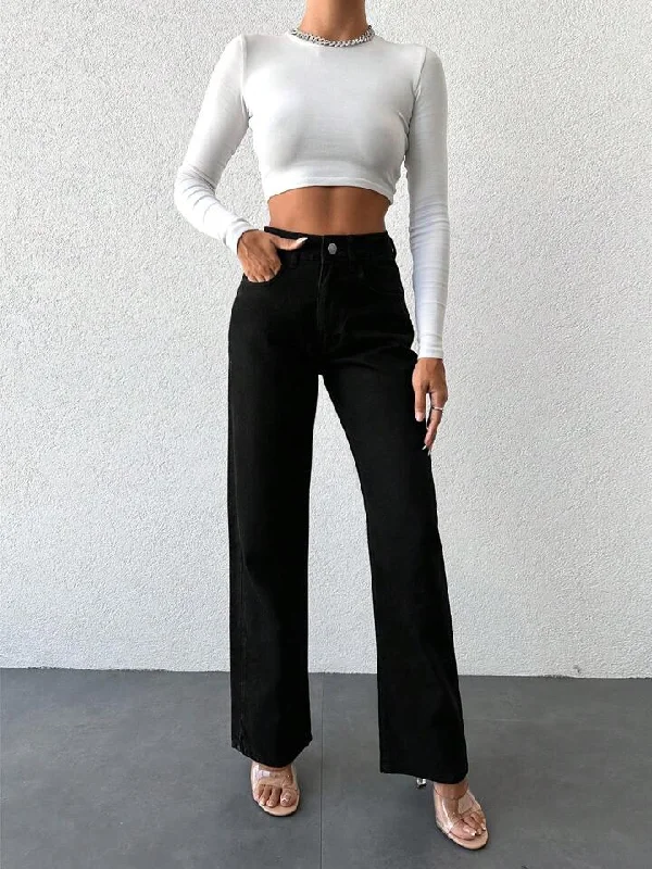 women's denim jeans for autumnBlack Wide Leg High Rise Jeans