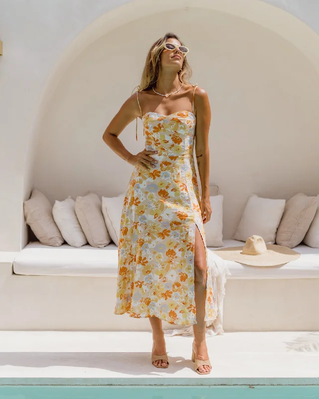 women's spaghetti strap dressesElise Yellow Floral Midi Dress