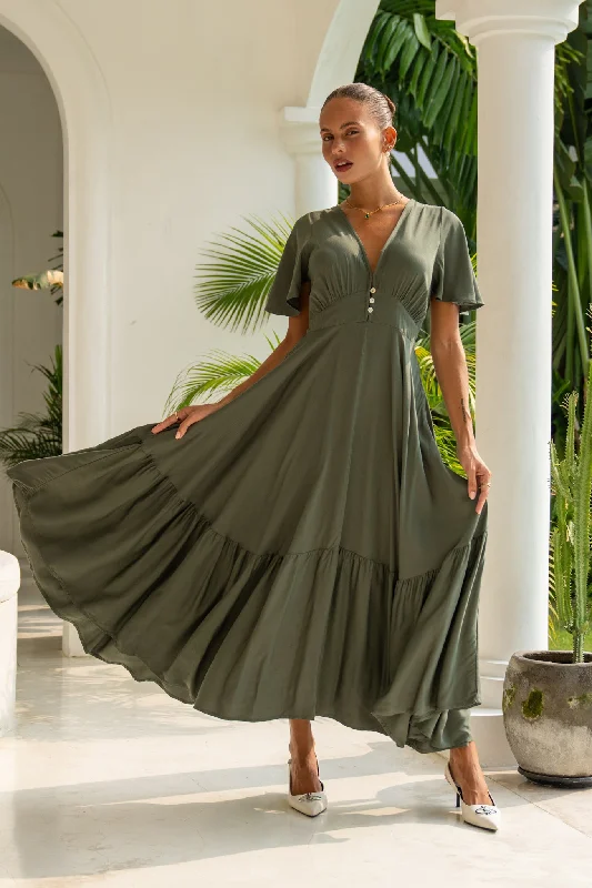 women's prom dressesLea Khaki Green V-Neck Midi Dress