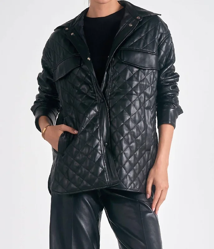 women's coats for skiingQuilted Faux Leather Jacket In Black