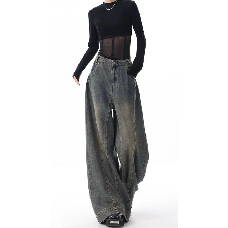 women's denim jeans with elastic waistbandsTinted Vintage Washed Wide Leg Baggy Jeans