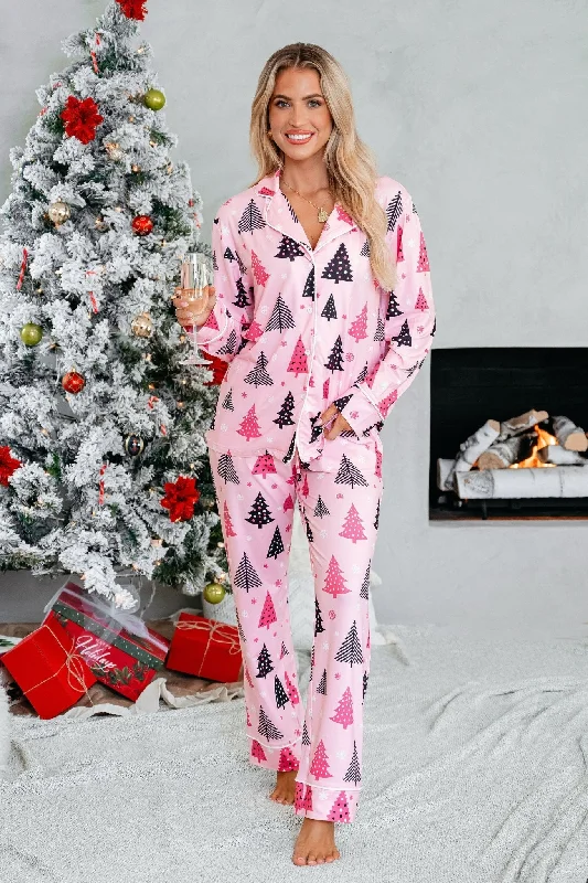 Buttery Soft Pink Christmas Tree Pajama Set