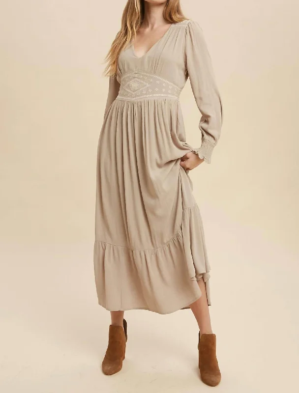 women's lace dressesLaura Embroidered Maxi Dress In Taupe