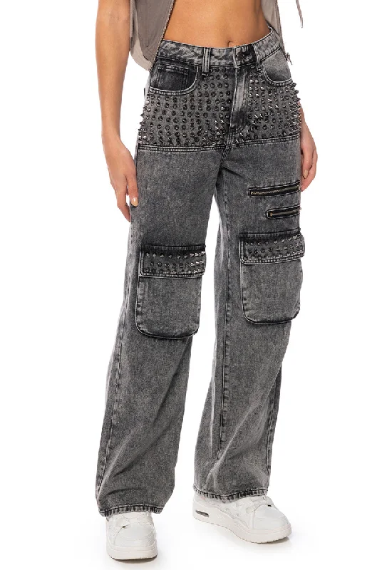 women's denim jeans with patchesTURN IT UP STUD EMBELLISHED UTILITY JEANS