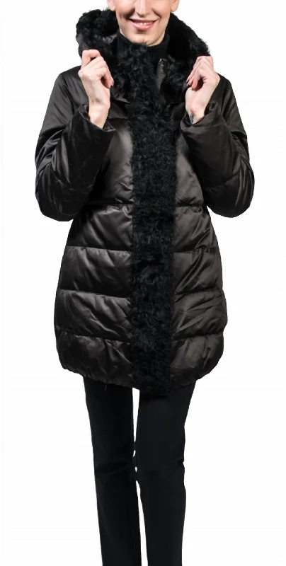 women's coats for hikingQuilted Down Lamb Trim Coat In Black