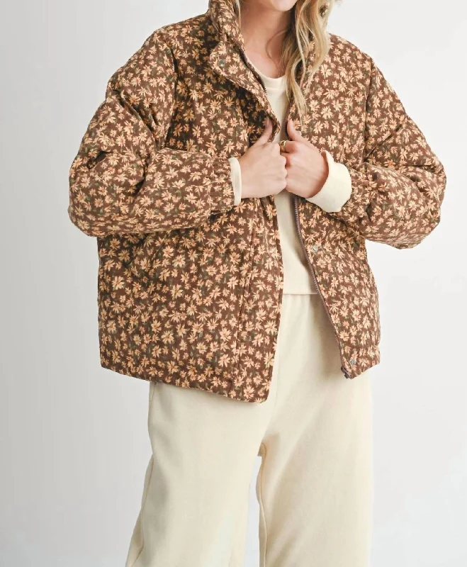 women's coats with sheer overlaysNature's Best Quilted Puffer Jacket In Brown