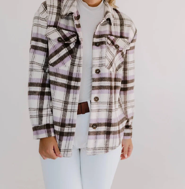 women's coats for hourglass figuresMust Have Plaid Shacket In Lavender