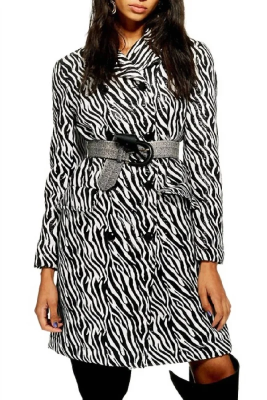 women's coats for maximalist fashion loversZebra Print Double Breasted Shimmer Coat In Black/white