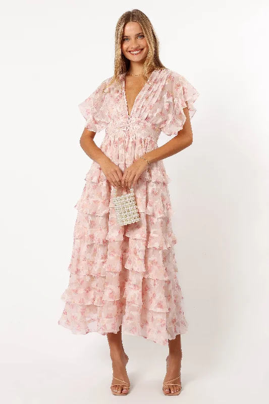 women's boho dressesDaphne Ruffle Midi Dress - Pink Orange