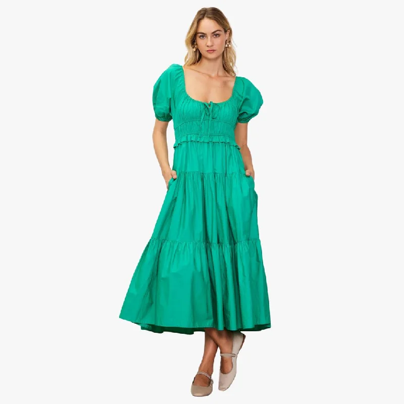 women's lace-up dressesShort Puff Sleeve Tiered Midi Dress (Jade Green)