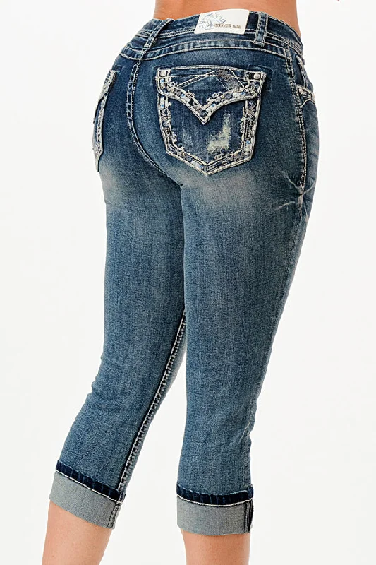 women's denim jeans with frayed edgesBorder Faux Flap Embellished Mid Rise Capri Jeans