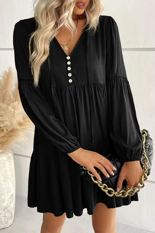 women's beach dressesBlack Lace Puff Sleeve Buttoned Tiered Ruffled Mini Dress