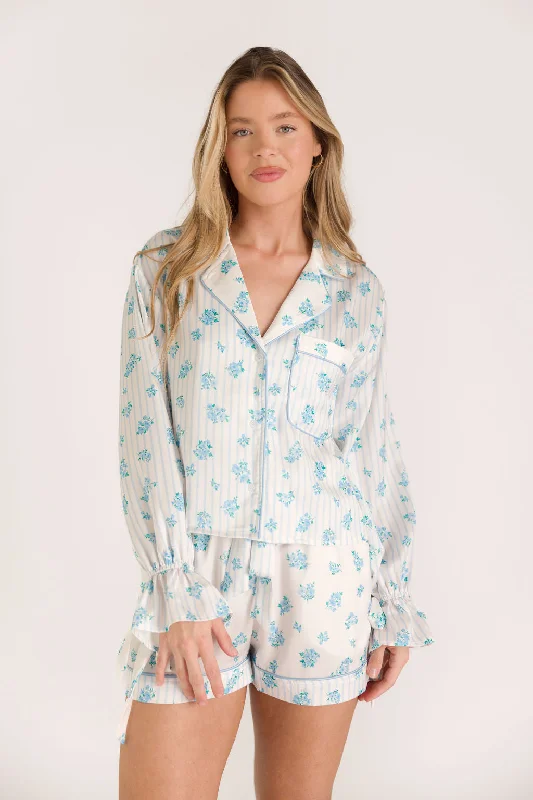 Lottie Satin Pajama Set in White/Blue Floral and Stripes