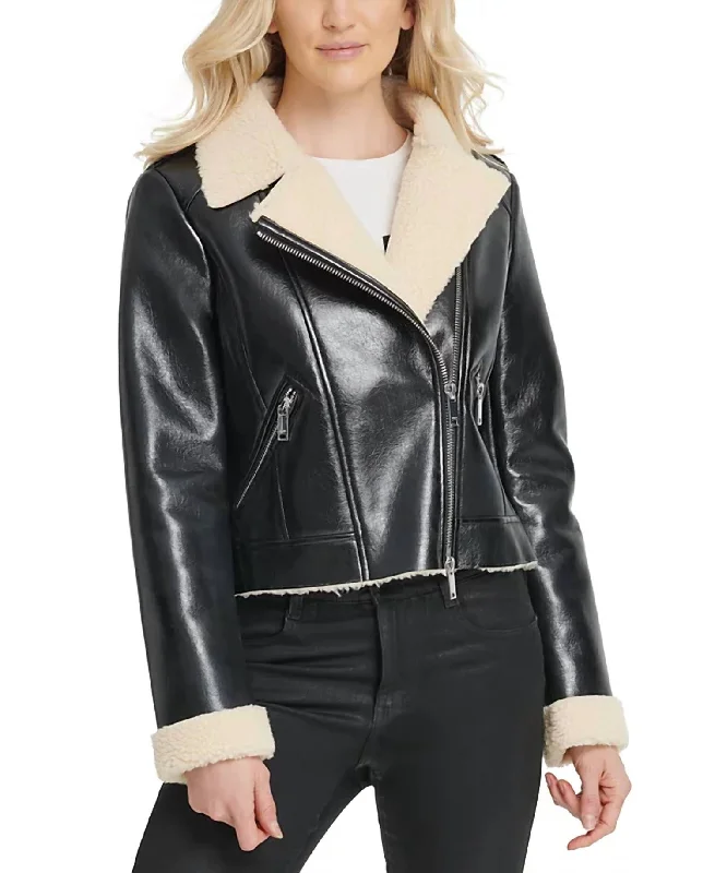 women's coats with Victorian-era influencesFaux Shearling Motorcycle Jacket In Black