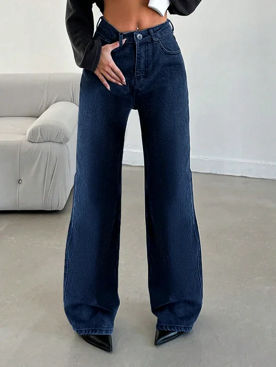 women's denim jeans with patchesDeep Night Blue Wide Leg Jeans