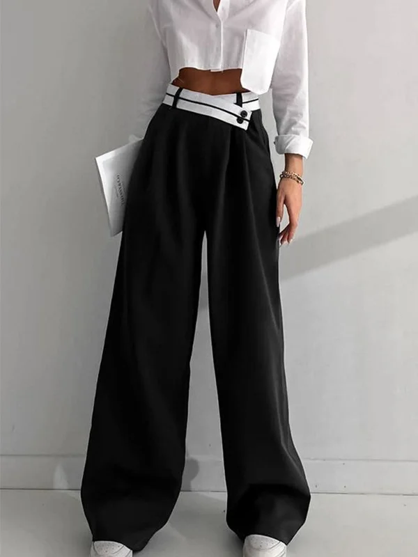 women's wide-leg pantsBerryBetty - Asymmetrical Contrast Waistband Wide Leg Dress Pants