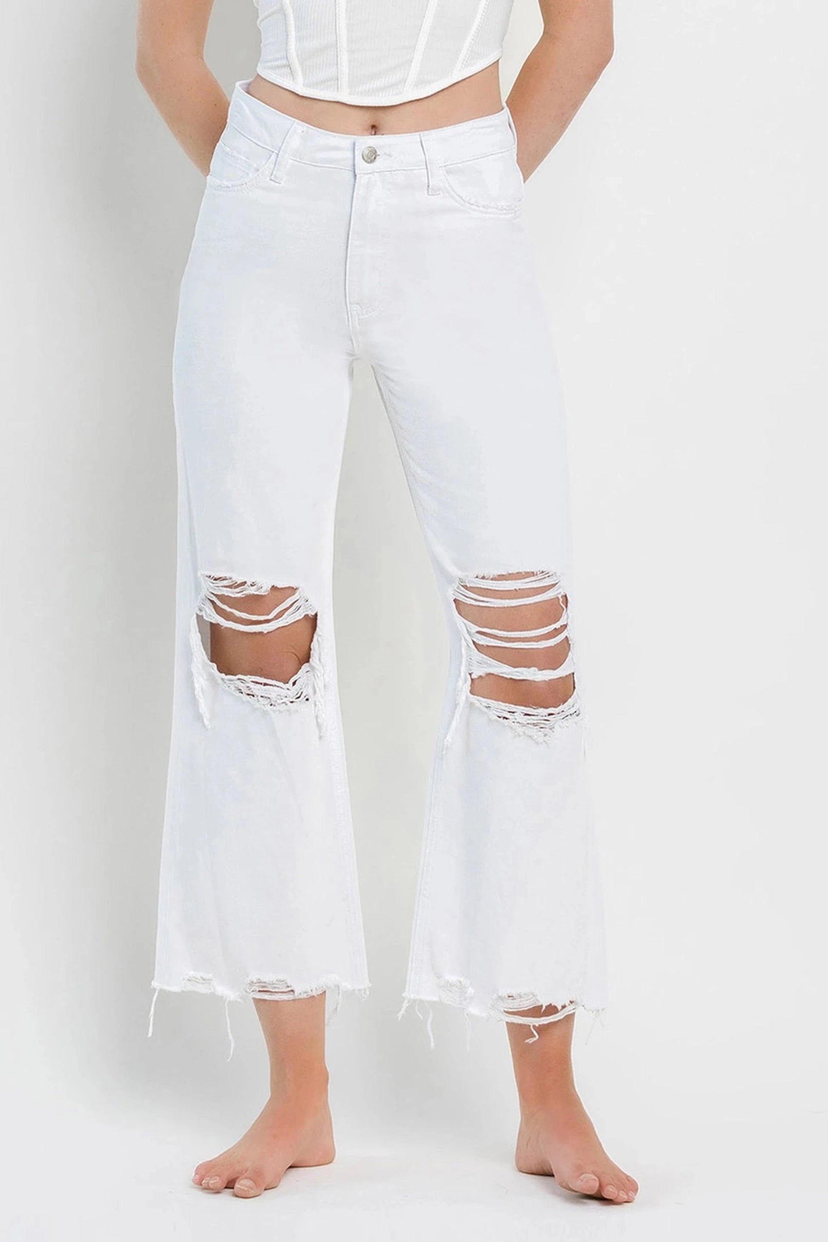 women's cashmere pantsChanning 90's Distressed Crop Flare Jeans - White