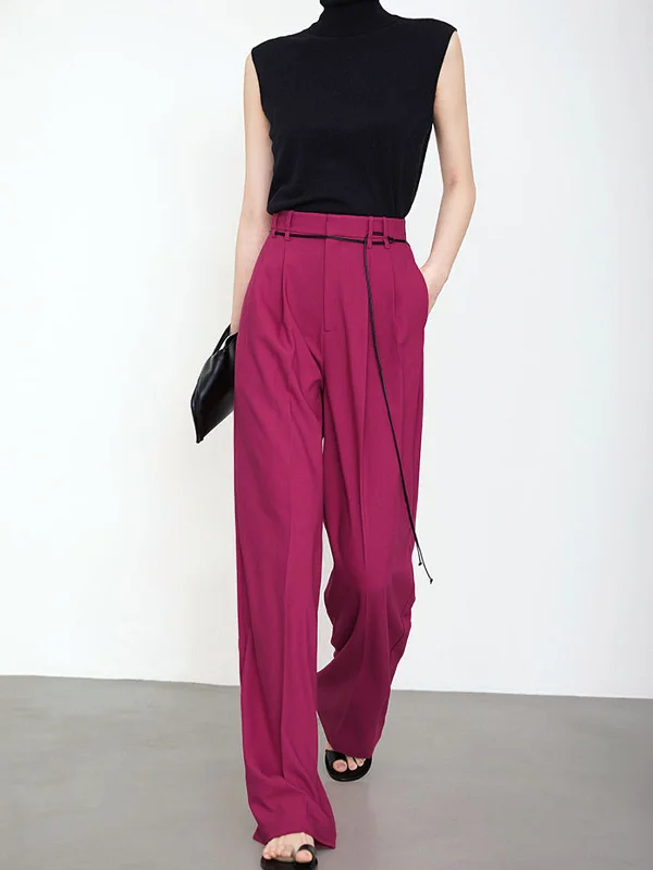 women's striped pantsBerryBetty - Full Length String Decor Pleated Wide Leg Pants