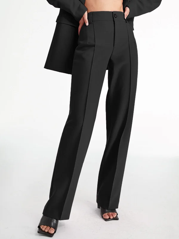 women's sustainable pantsBerryBetty - High Waisted Pleat Front Solid Colored Straight Leg Trousers