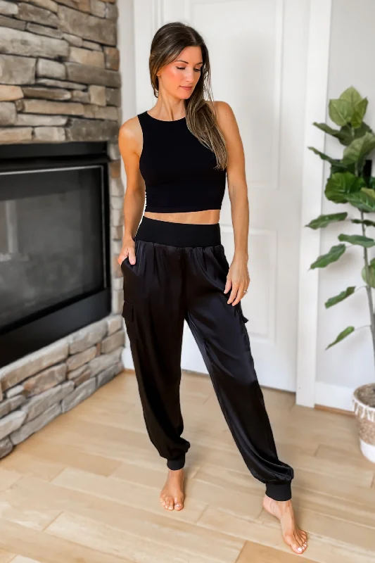 women's wide-leg pantsLevel Up Satin Cargo Joggers - Black