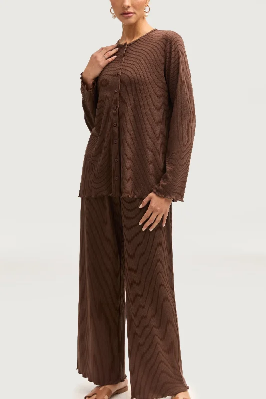 women's adventure pantsNaeema Ribbed Button Down Top & Pants Matching Set - Truffle