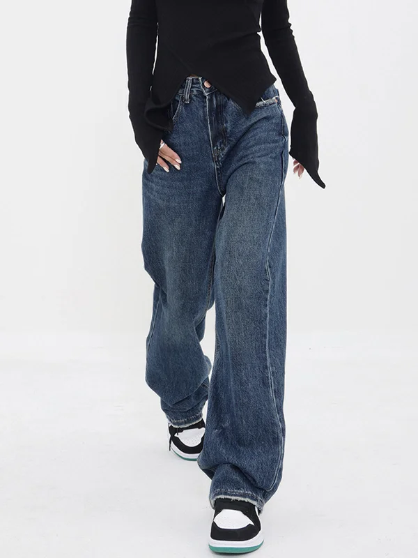 women's distressed denim pantsBerryBetty - Patchwork Pockets Denim Wide Leg Boyfriend Jeans