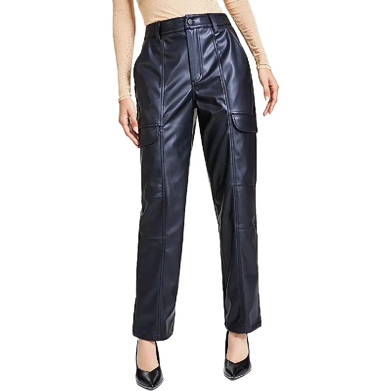 women's solid-color pantsPetites Womens High Rise Faux Leather Cargo Pants