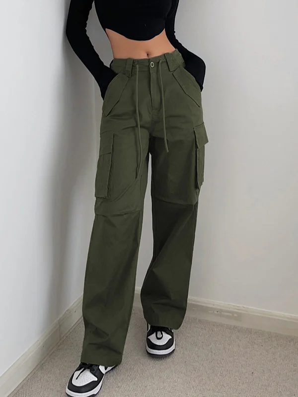 women's slim-fit pantsBerryBetty - Solid Drawstring Cargo Parachute Straight Leg Pants