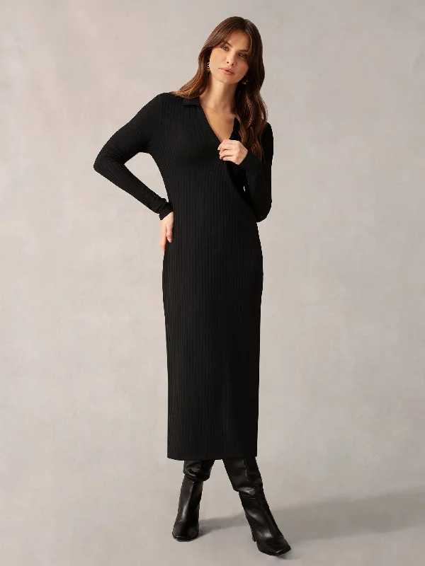 women's statement dressesBlack Collared Ribbed Jersey Dress